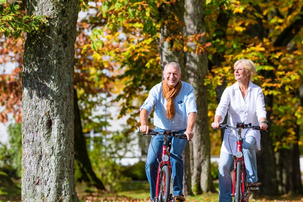 Two people riding bikes in the woods near trees.